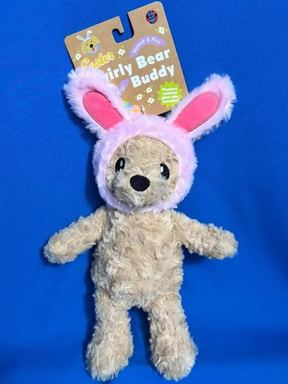 NEW  FUN & ADORABLE SWIRLY BEAR BUDDY DOG TOY WITH CRINKLE BUNNY EARS & SQUEAKER